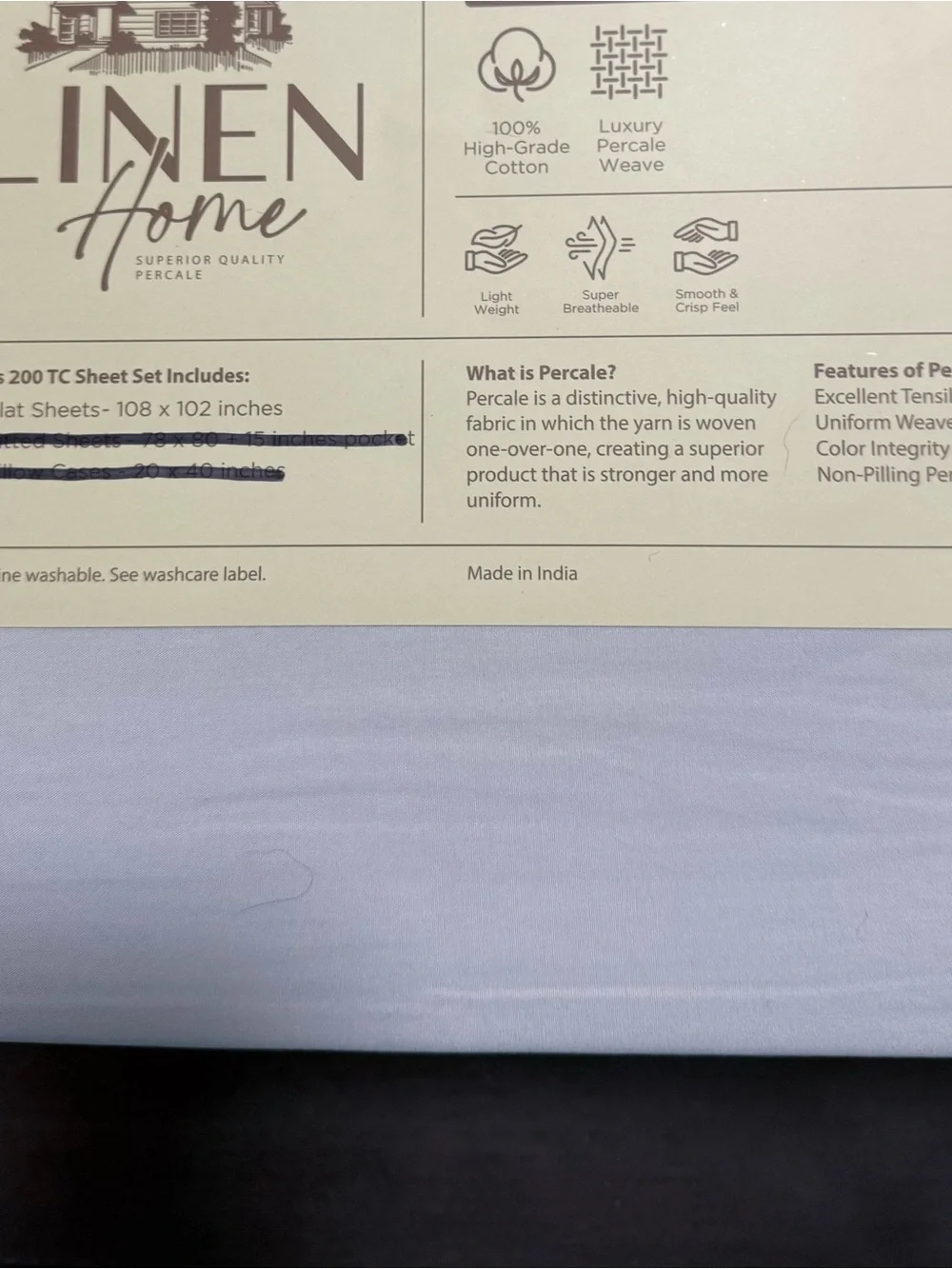 Linen Home 100% Cotton Percale King 1 Pc Flat Sheet– 108 x 102 – 200 TC